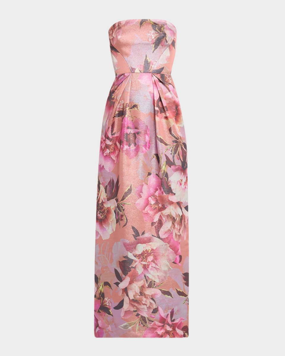 Strapless Floral-Print Shimmer Gown